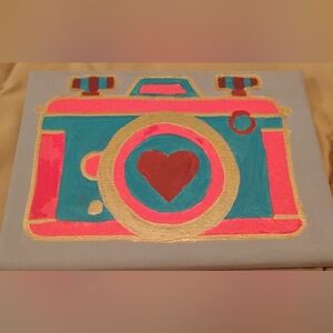 camera canvas art colorful blue pink red home decor 7x5 inches original painting